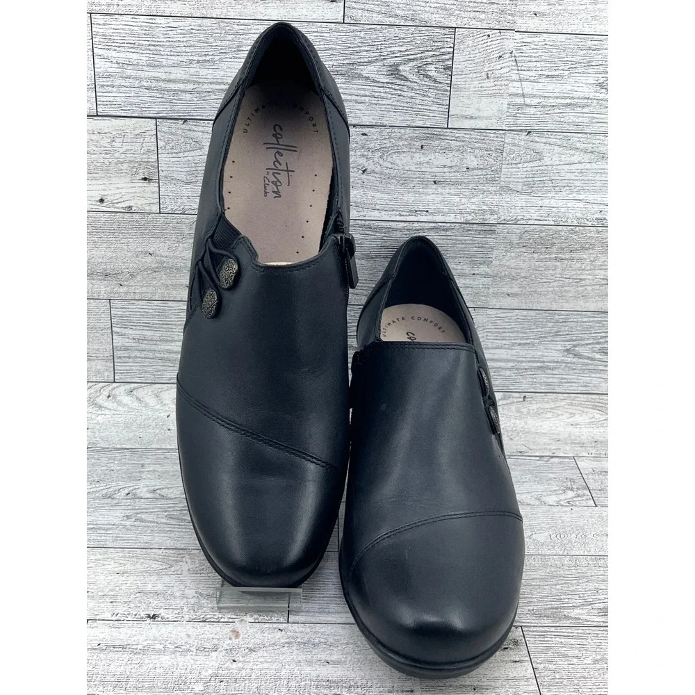 Clarks Collection Black‎ Leather Button Zip Shooties Block Heel Women Sz 9.5M